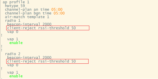 AP profile配置,client-reject rssi-threshold 50