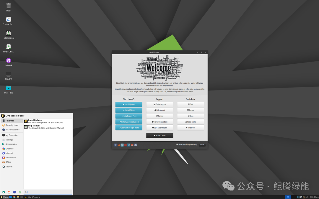 Linux Lite桌面截图，背景为灰色几何图案，中央弹出Live Welcome窗口，包含多语言“Welcome”词云