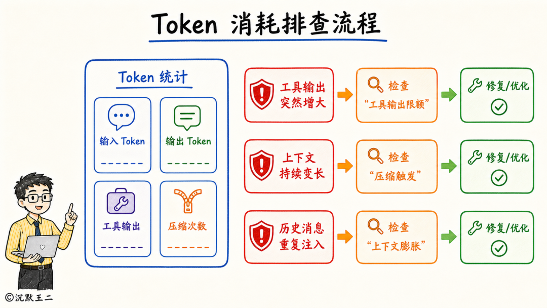 Token消耗排查流程图:展示从输出突增、上下文变长、历史消息重复注入三个方向进行排查和修复的路径