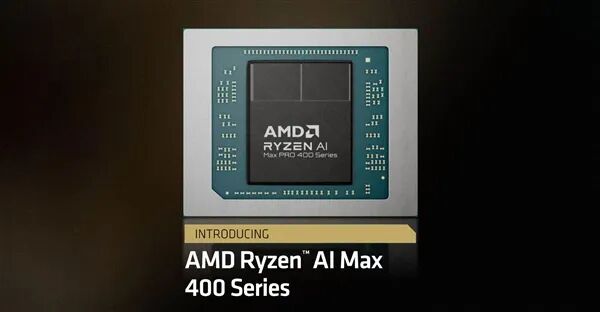 AMD Ryzen AI Max PRO 400 系列芯片宣传图,芯片位于绿色电路板上