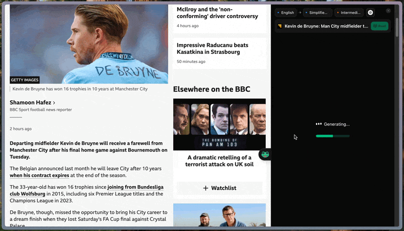 Read Frog功能演示：将英文新闻翻译并解析为中文