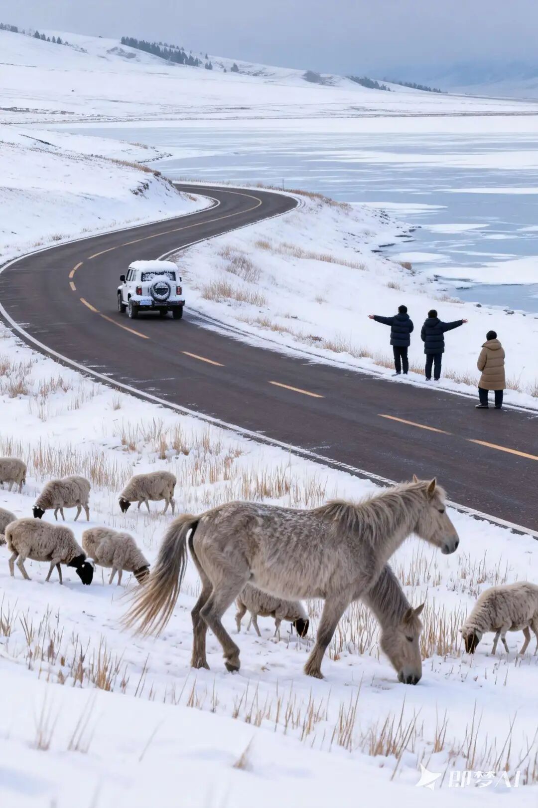 即梦生成的冬季雪原公路与湖泊