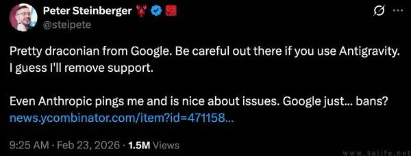 开发者Peter Steinberger关于Google封禁政策的推文截图