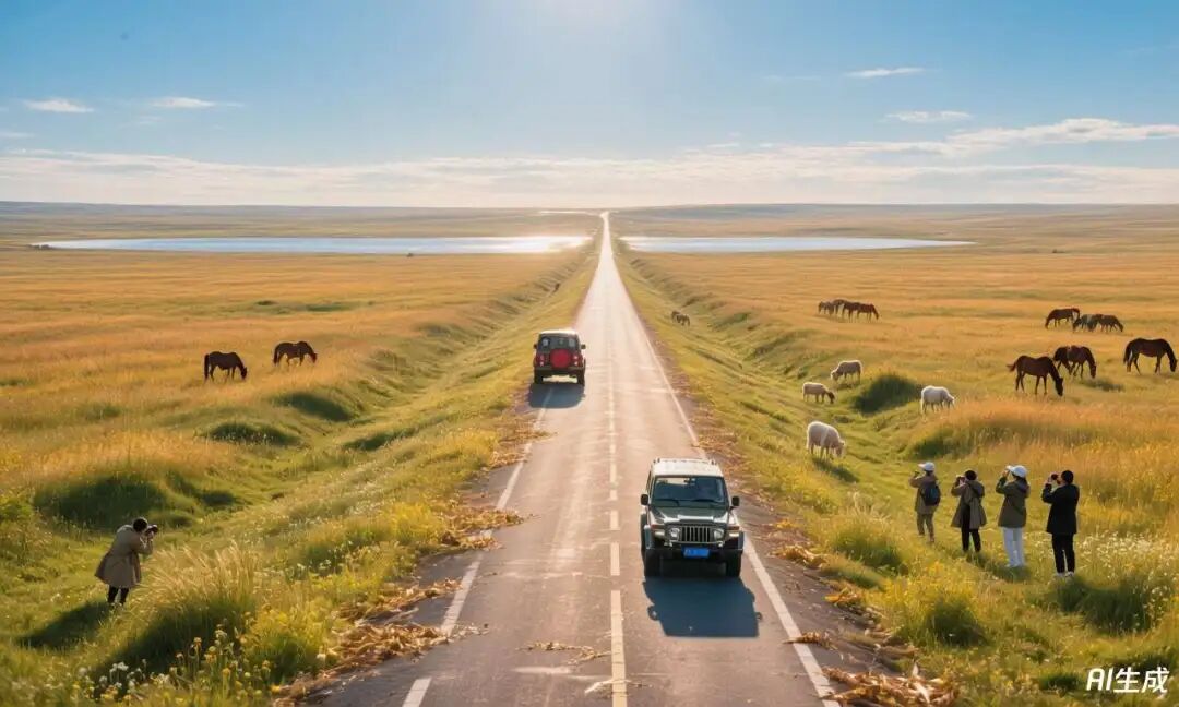 混元生成的晴朗夏日草原，有车辆与游客