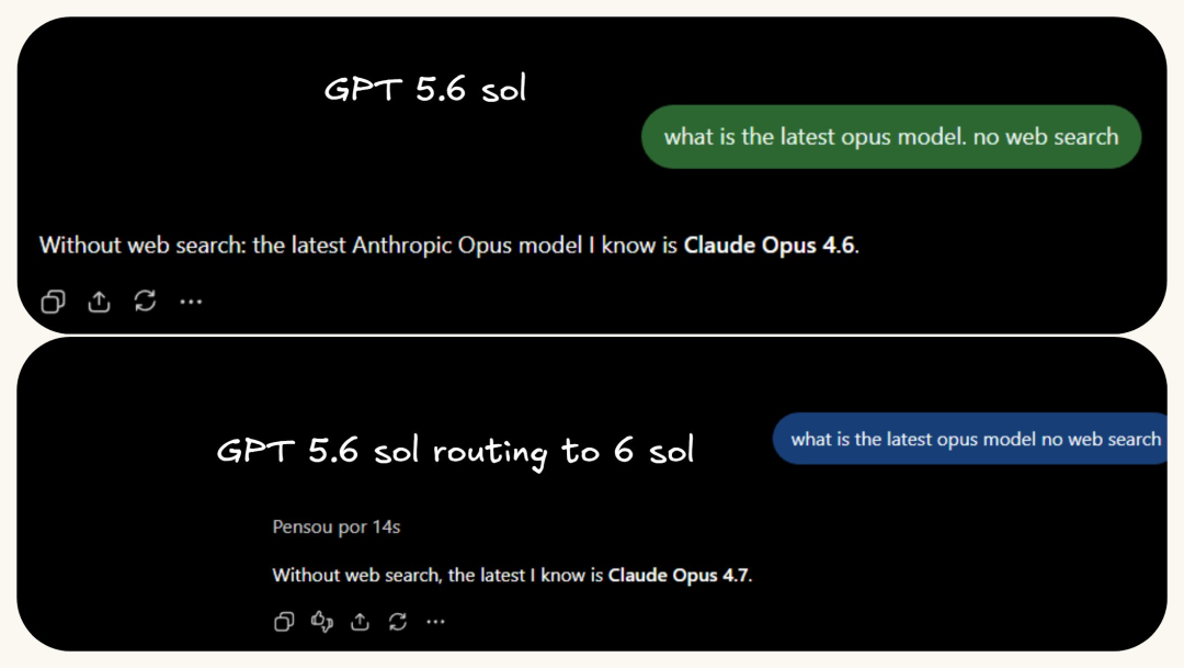 GPT-5.6 Sol路由到GPT-6 Sol测试对话对比截图