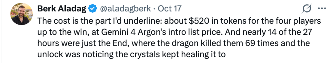推文截图:讨论 Gemini 4 Argon 通关 Minecraft 的 token 成本