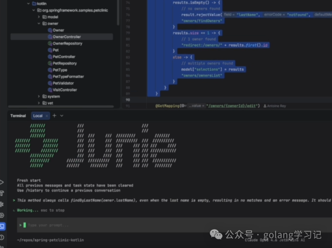 IDE界面显示Kotlin项目结构、代码编辑器和底部终端