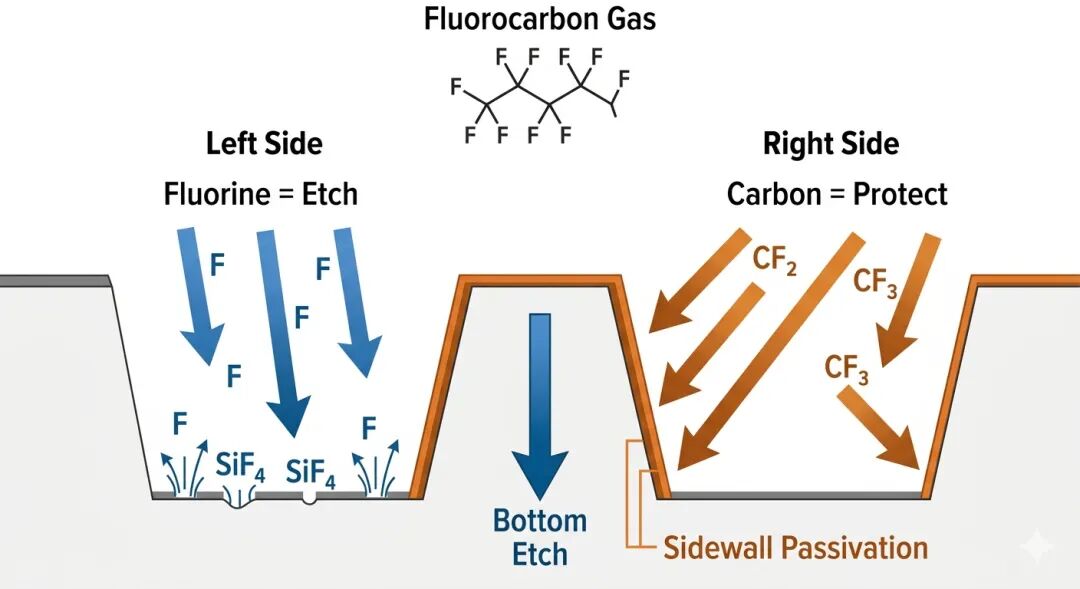 氟碳气体刻蚀与钝化原理示意图