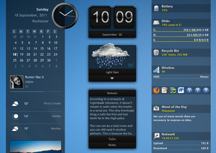 Rainmeter 时钟、磁盘、电池和网络监控皮肤组合