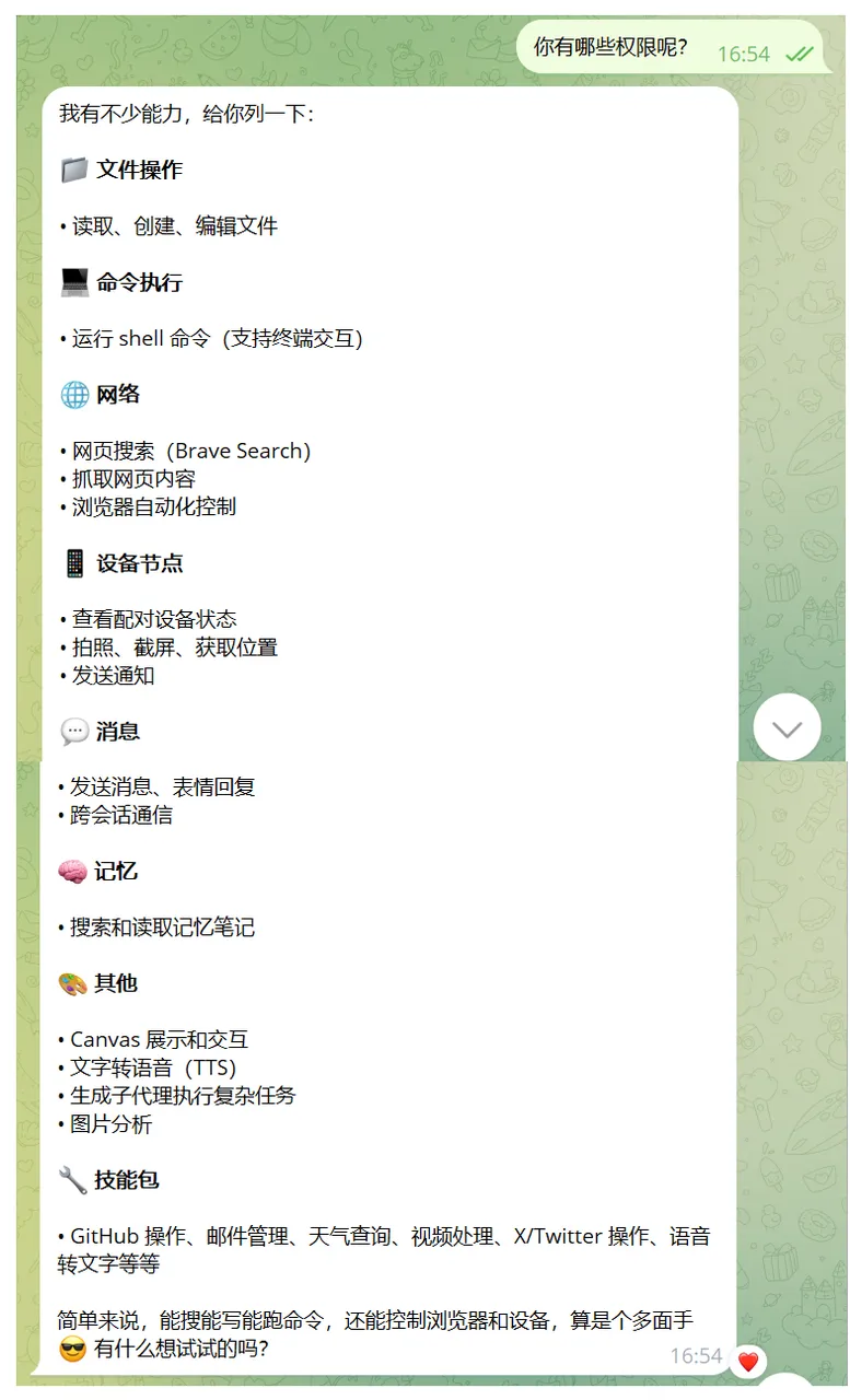 OpenClaw AI助手功能权限列表截图
