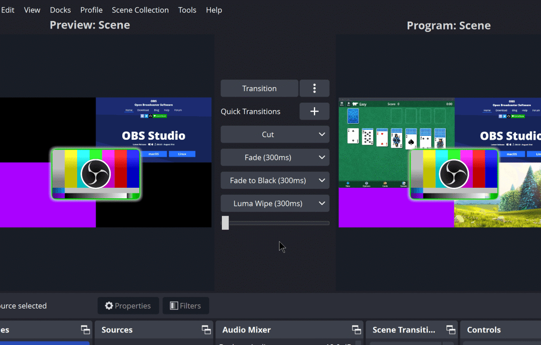 OBS Studio 工作室模式,预览画面与节目输出分屏排列