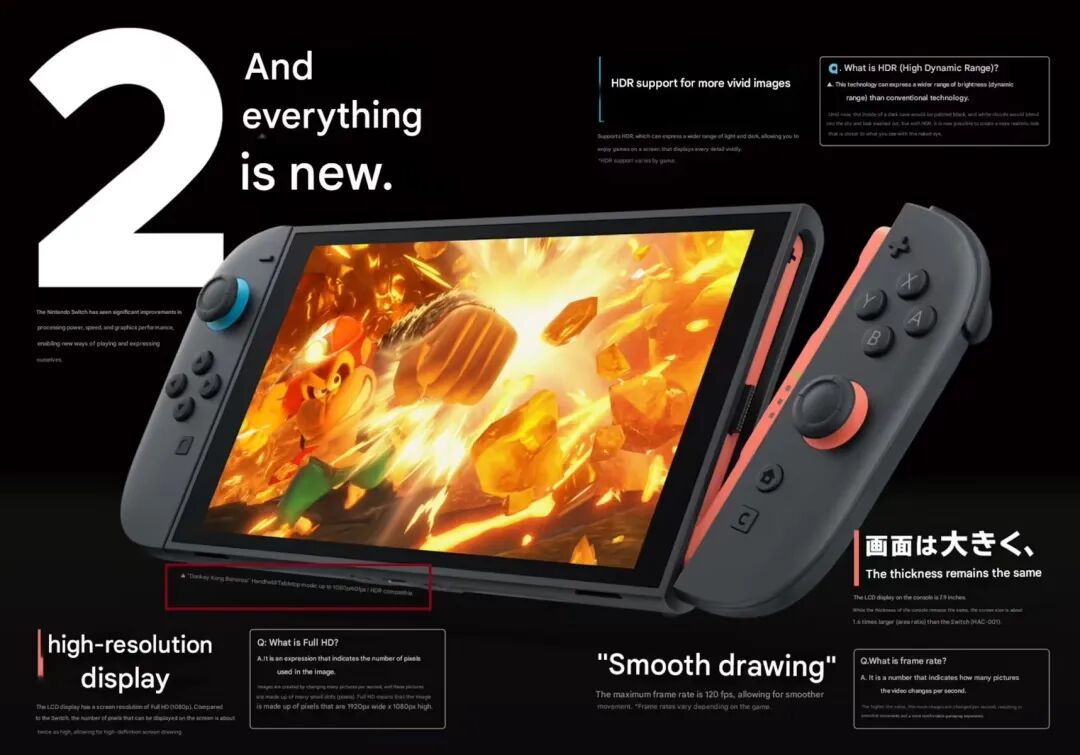 任天堂Switch 2硬件宣传图,展示屏幕分辨率提升至Full HD、支持HDR、帧率达120fps等技术特性