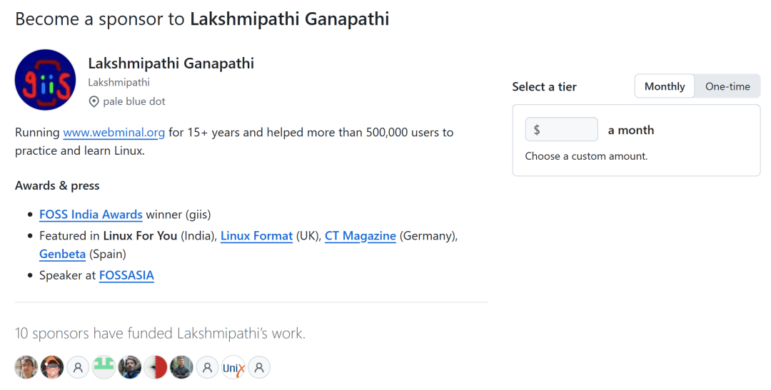 Lakshmipathi的GitHub Sponsors赞助页面