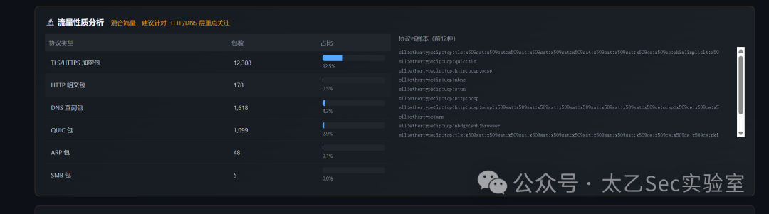 流量性质分析界面，显示TLS、HTTP、DNS等协议的包数占比