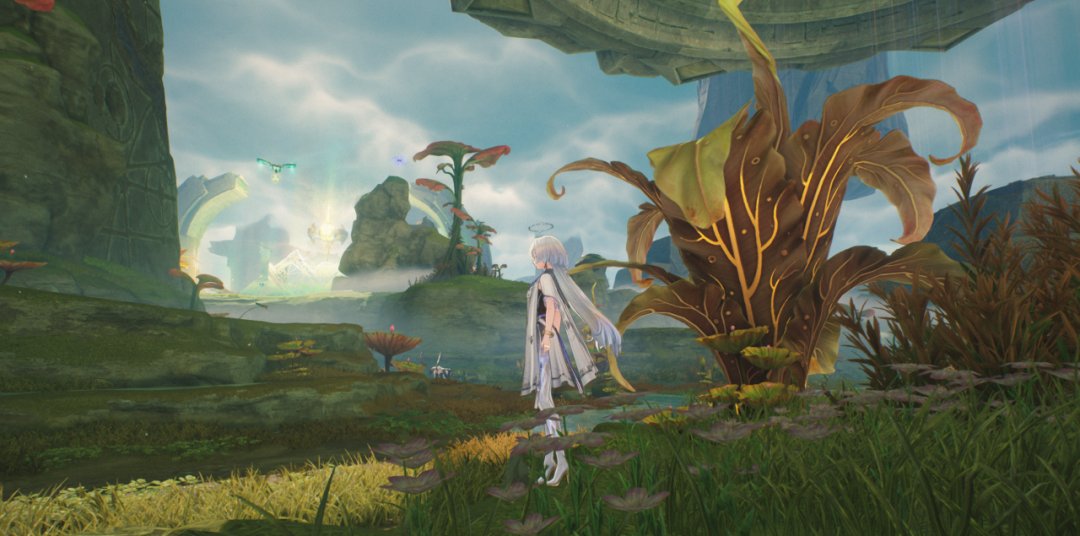 角色站在山石与飞鸟背景的草地上