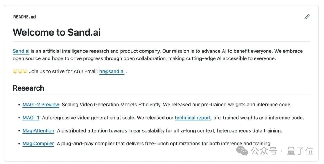 Sand.ai 的 README.md 文件截图,显示 Welcome to Sand.ai 及 Research 项目列表