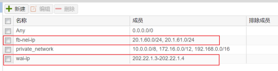 防火墙地址簿配置,fb-nel-ip包含20.1.60.0/24和20.1.61.0/24,wal-ip为202.22.1.3-202.22.1.4