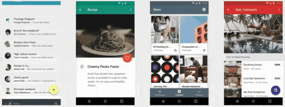 Material Design 2 风格的消息、食谱、内容商店、旅行应用界面