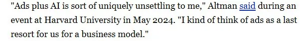 Altman曾称广告是商业模式的最后手段