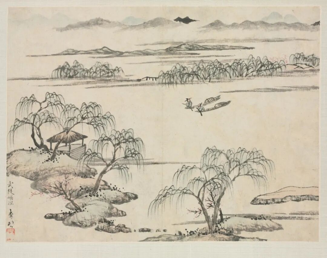 淡墨山水册页中,水岸、柳树、舟与远山横向展开