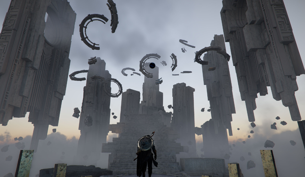 《红色沙漠》游戏内场景截图:角色立于荒芜废墟前