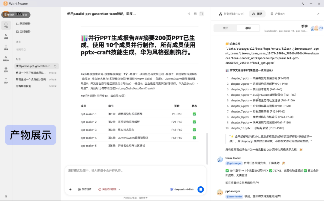 WorkSwarm 集群模式并行生成 200 页 PPT 任务报告