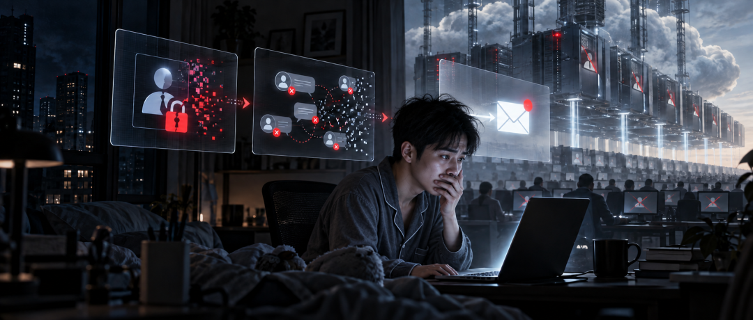 AI生图：一名年轻男性坐在床边凝视笔记本电脑，面前漂浮着账号失效、对话气泡和邮件等科技感数据界面