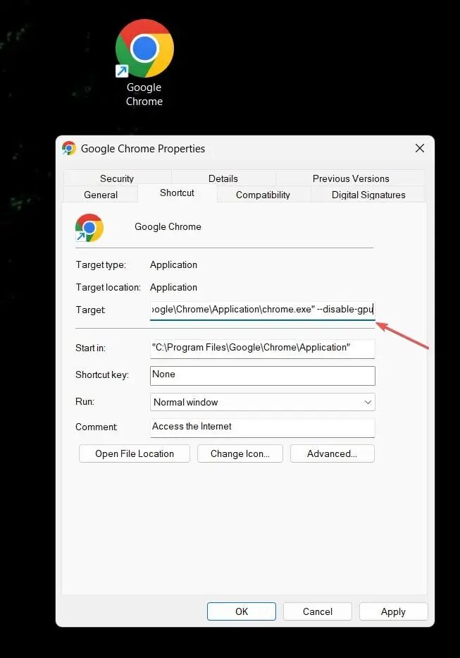 Chrome 快捷方式属性目标中添加 disable-gpu 参数