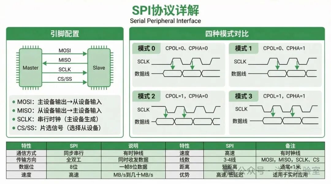 SPI协议引脚连接与模式对比图