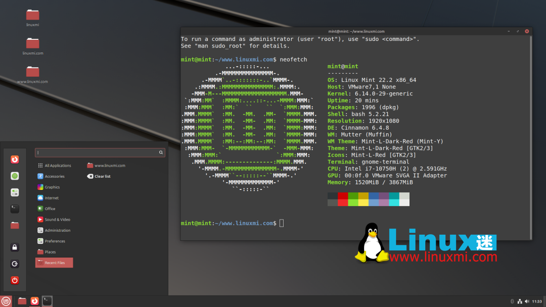 Linux Mint桌面环境运行neofetch命令的系统信息截图
