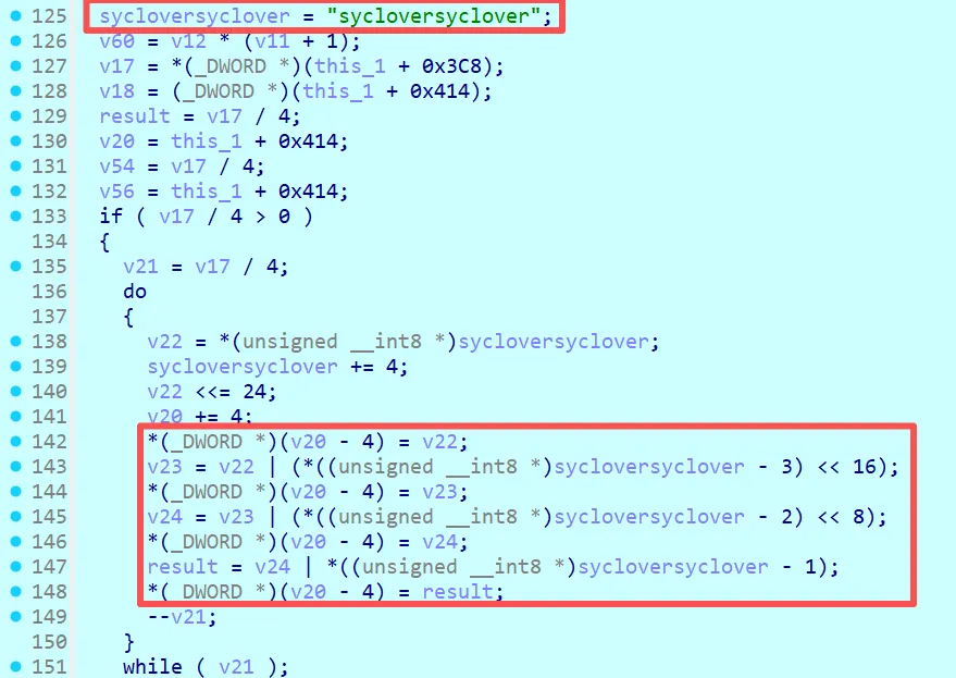 IDA 反编译代码截图:16 字节字符串 sycloversyclover 被逐一拆成字节存储