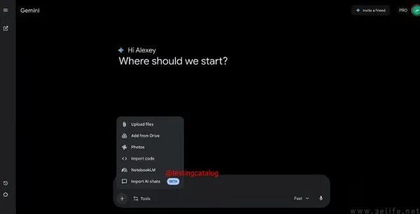 Gemini AI 应用界面与“导入AI聊天”功能选项