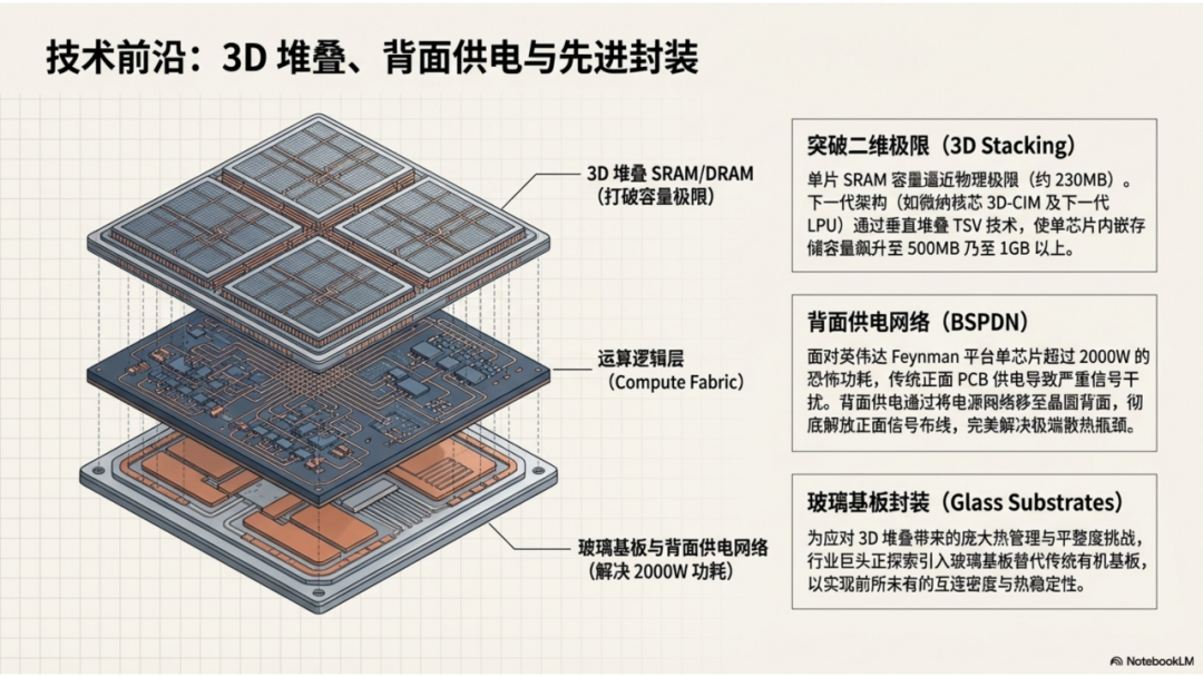 3D堆叠、背面供电与先进封装技术示意图