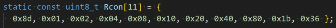 AES Rcon 常量数组定义截图:包含 0x8d、0x01、0x02 等 11 个十六进制值