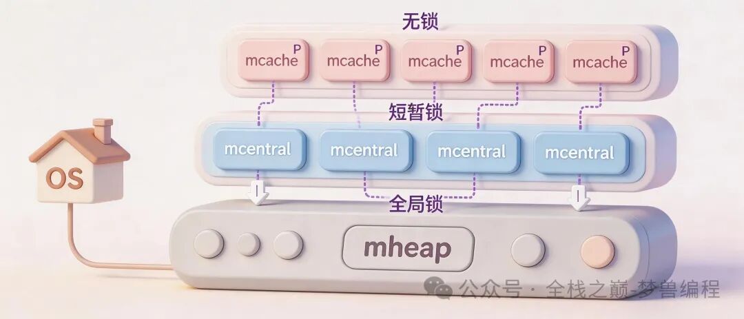 mcache、mcentral、mheap三级缓存架构图