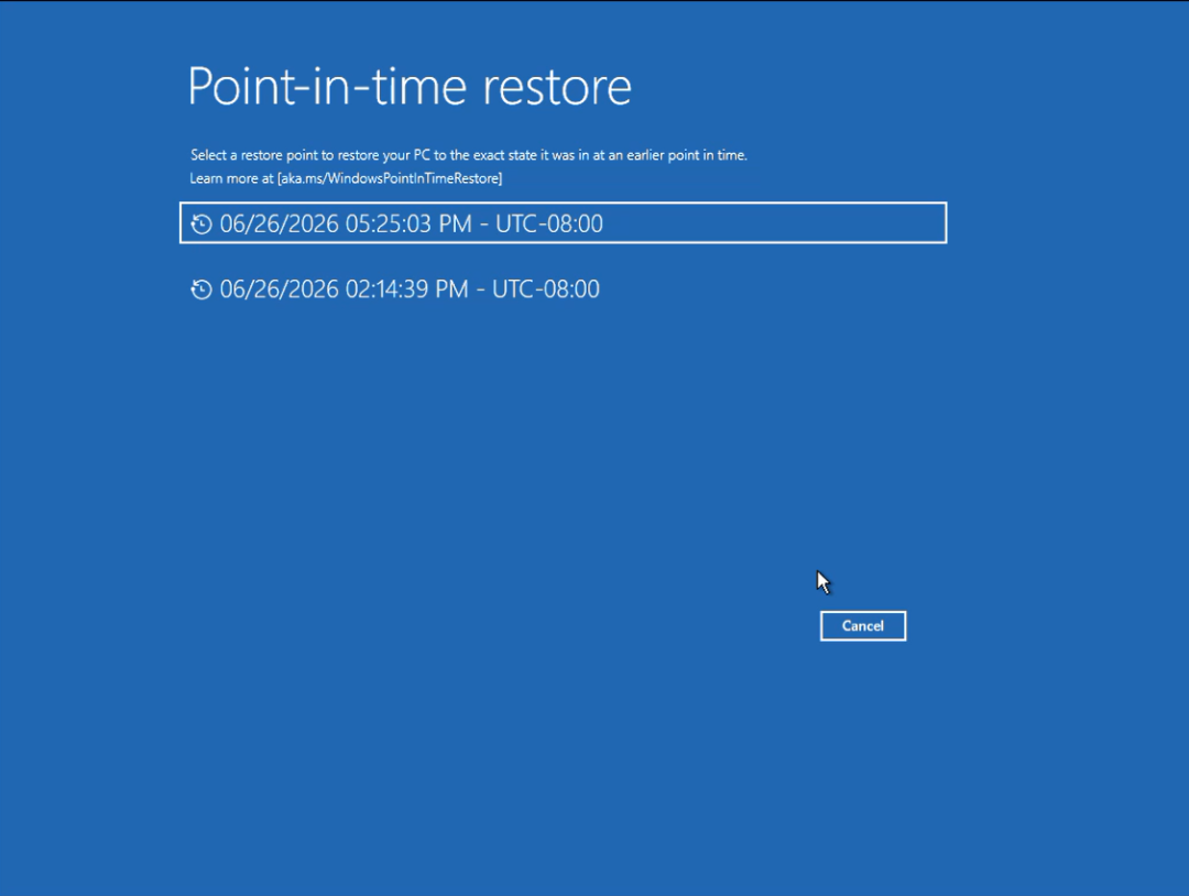 Windows 11 时间点还原 Point-in-time Restore 功能界面