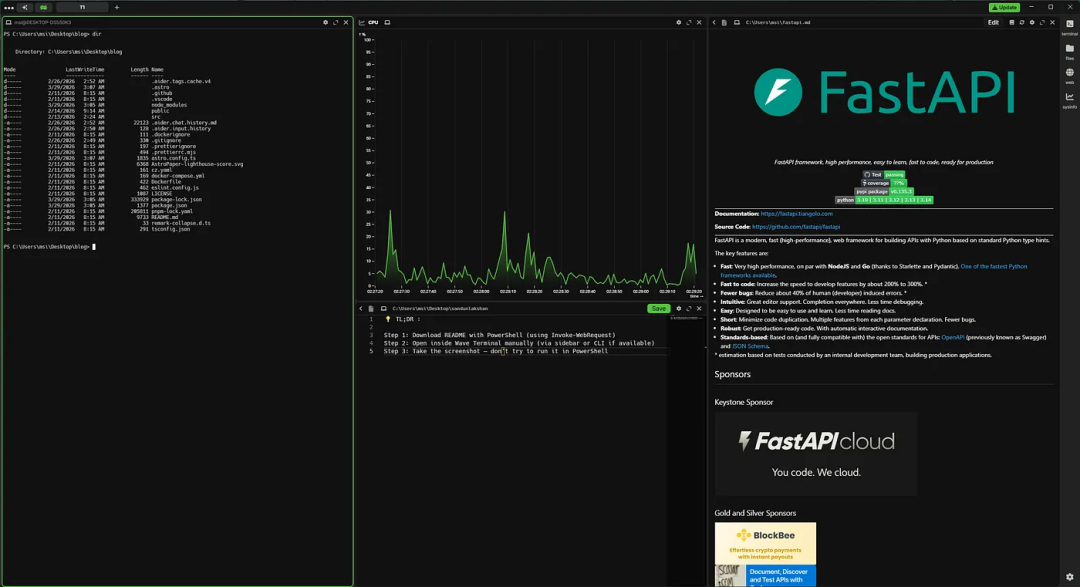 FastAPI 官网介绍页与系统监控和文件目录窗口并排显示