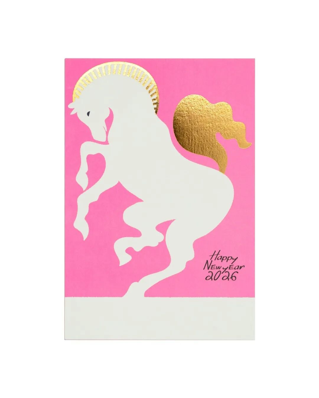 粉色背景贺卡，白色剪影马跃起，鬃毛与尾巴为金色箔纸，右下角手写体“Happy New Year 2026”