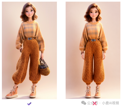 卡通女性角色服装对比图:左右两侧不同姿势展示