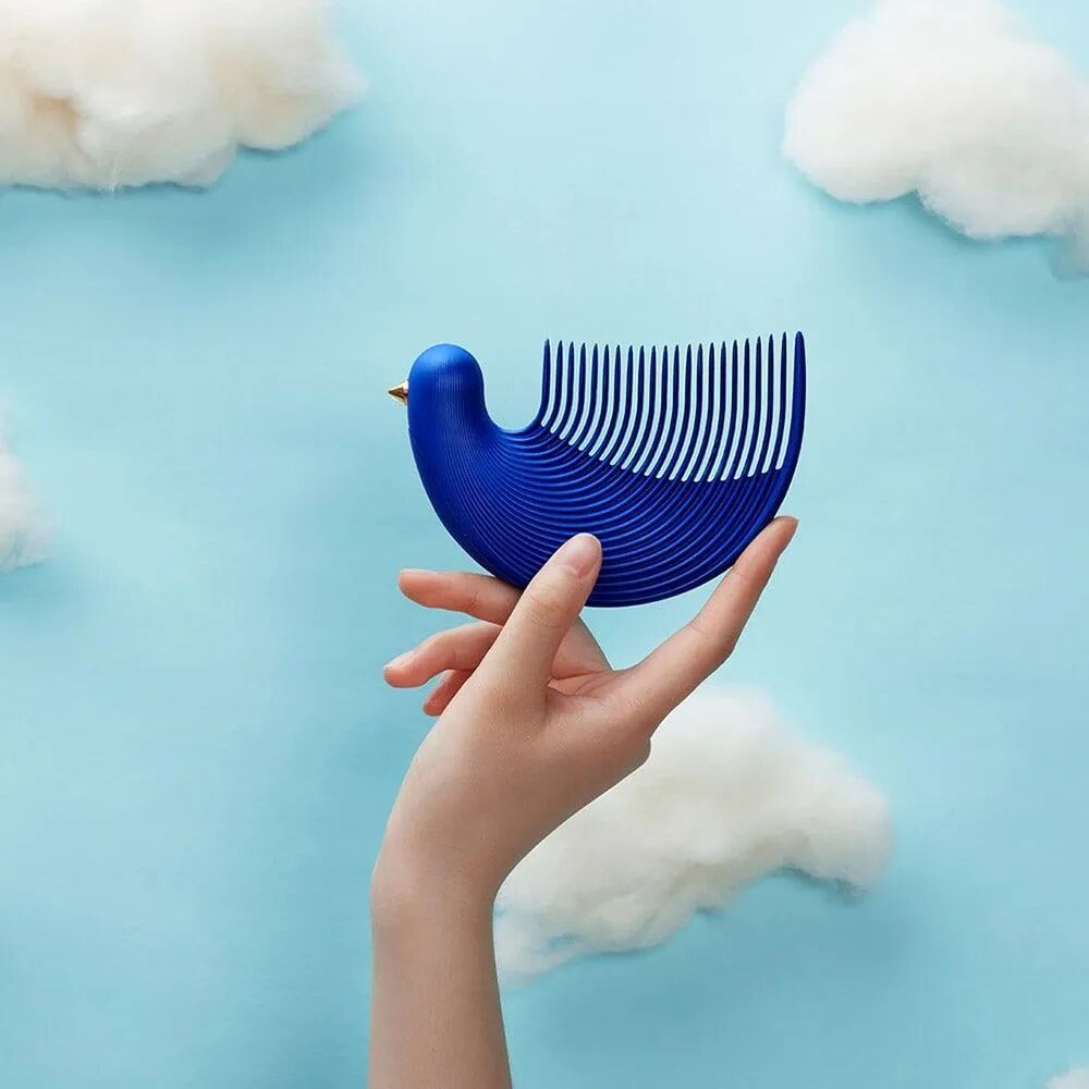 蓝色鸟形梳子与云朵背景