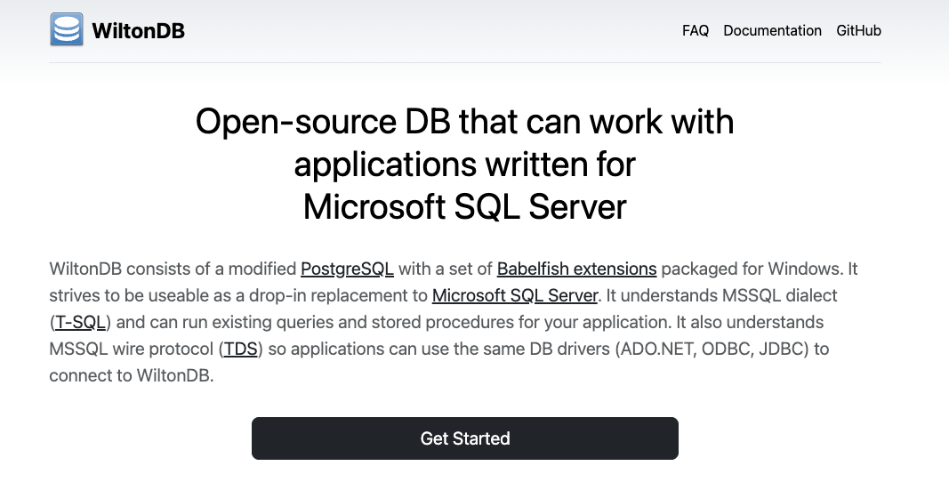 WiltonDB 官方网站，介绍其为可与 SQL Server 应用兼容的开源数据库
