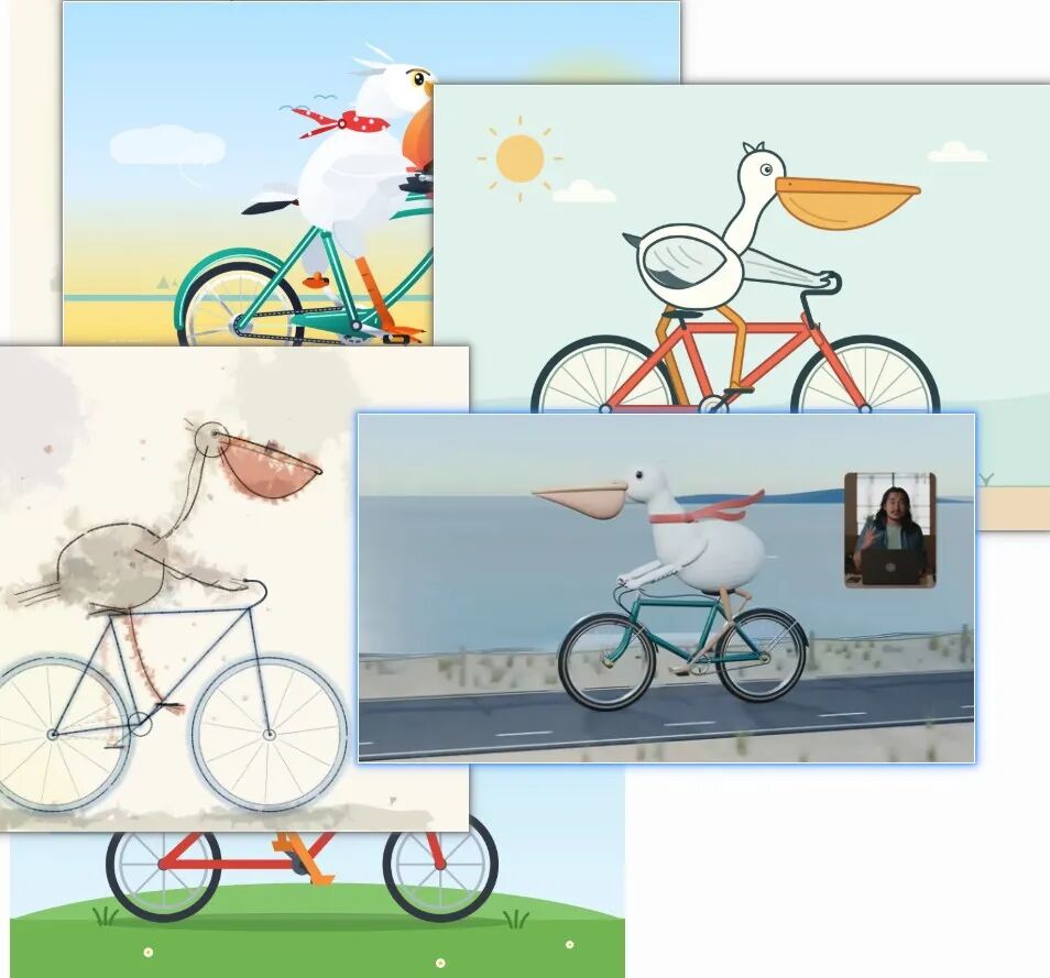 不同模型生成的鹈鹕骑自行车效果拼贴