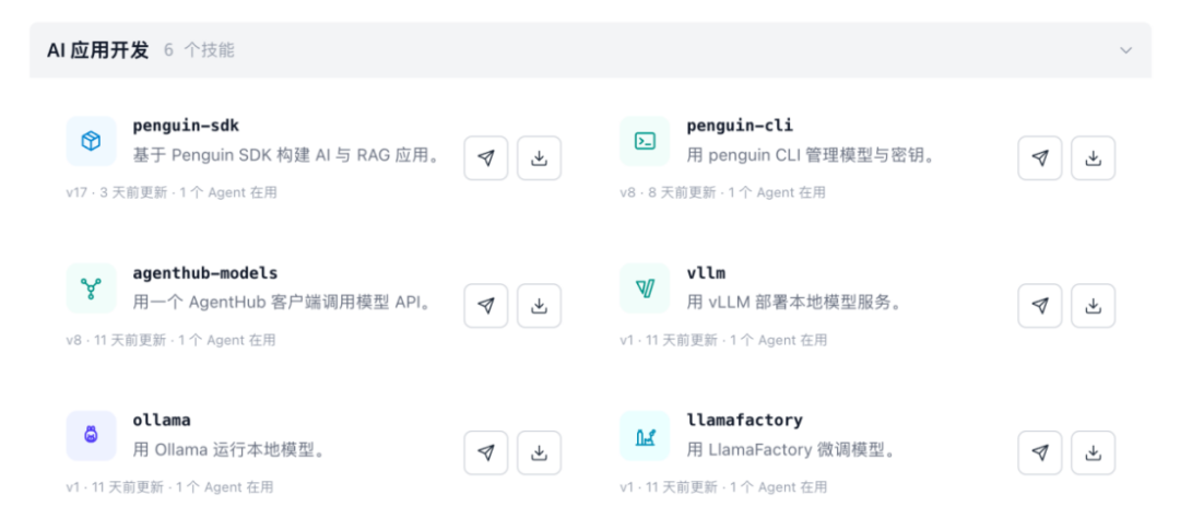 AI应用开发技能列表界面,展示了penguin-sdk、ollama、llamafactory等六个可用的预置技能
