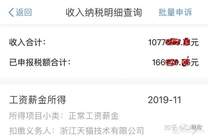 阿里P7收入纳税明细查询界面