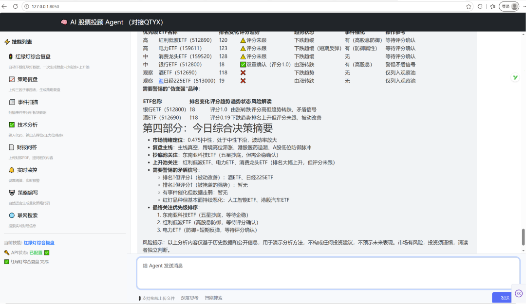 AI股票投顾Agent综合决策摘要界面