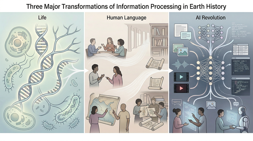 一幅三栏信息图，标题为“地球历史上信息处理的三大主要变革”，分别展示生命、人类语言和AI革命的演化过程。