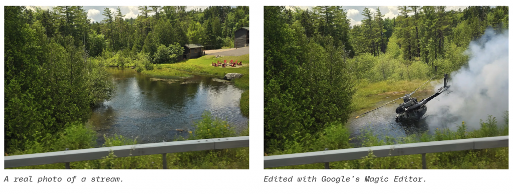 经 Google Magic Editor 编辑后，溪流场景中凭空出现冒烟的直升机
