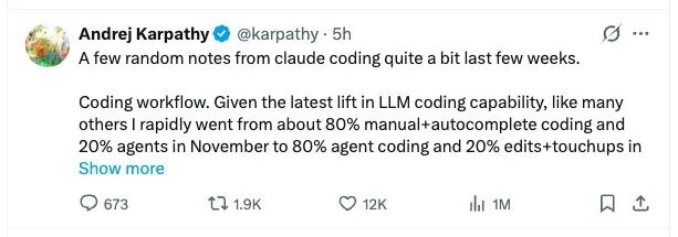 Andrej Karpathy 关于AI编程工作流变化的推文截图