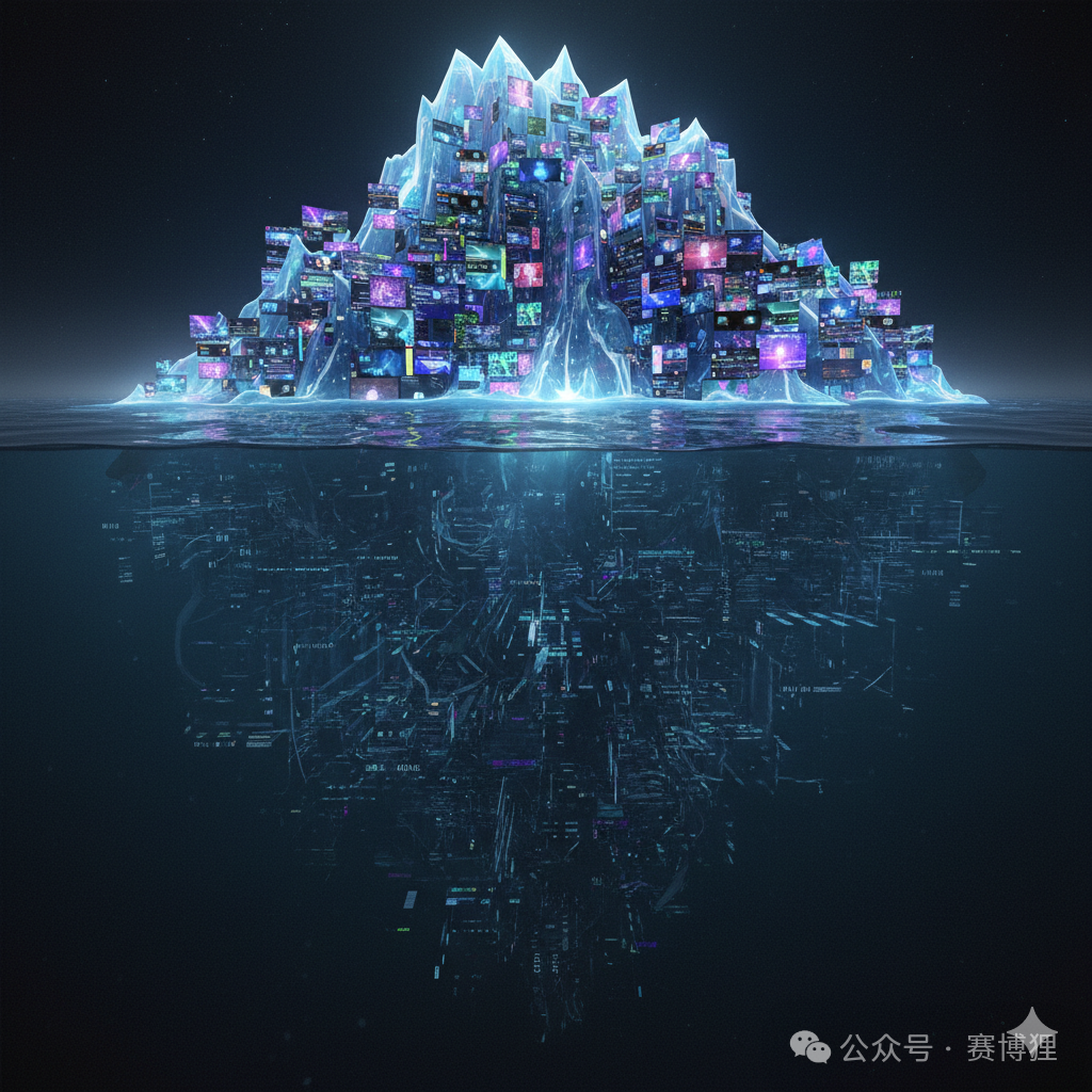 冰山顶部布满发光屏幕的数字艺术图