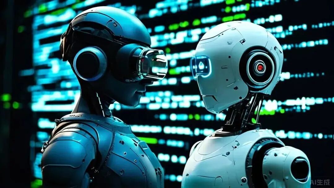 科技感十足的两个AI机器人相对而立
